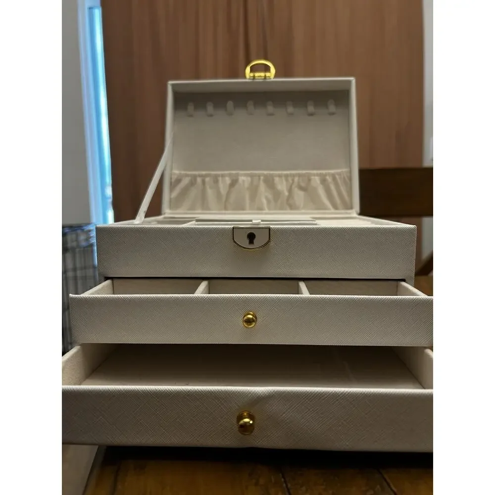 White Faux Leather Jewelry Box Organizer, Lockable 2-Drawer Velvet Lined